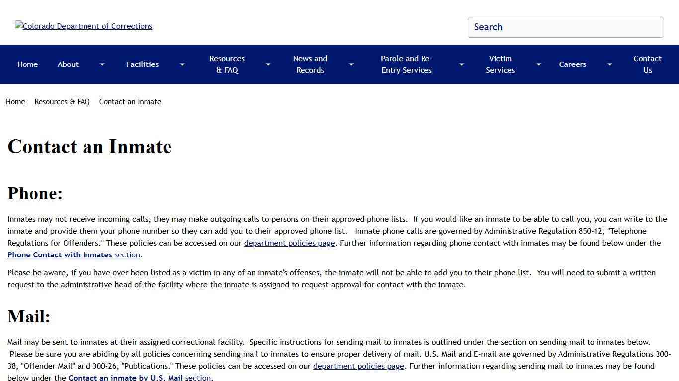 Contact an Inmate Colorado Department of Corrections
